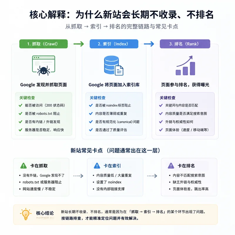 新站 Google SEO 从抓取到索引再到排名的排查链路关系