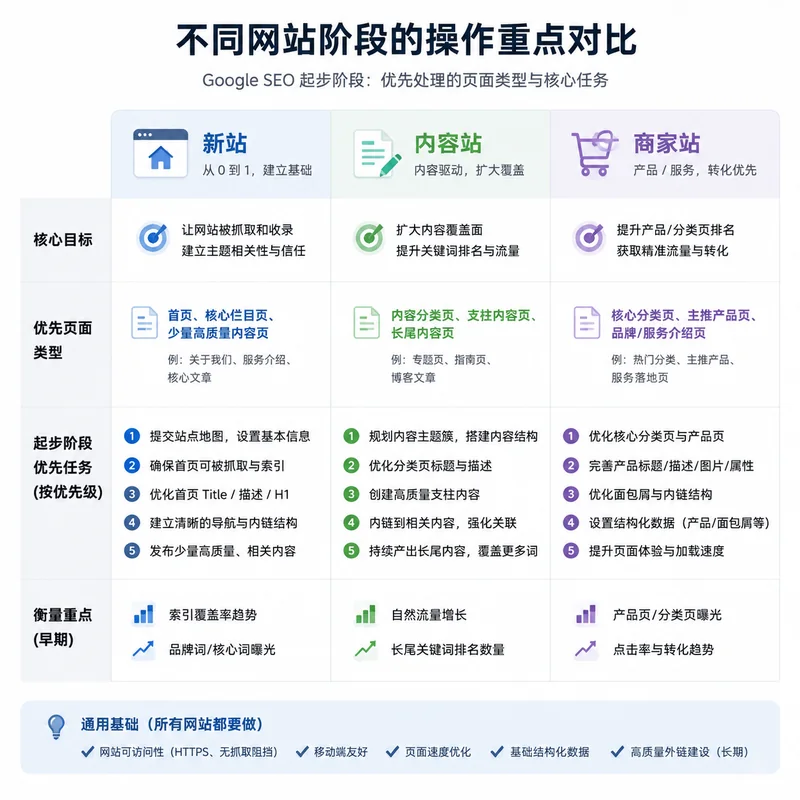 新站、内容站和商家站在Google SEO起步阶段的优先级关系